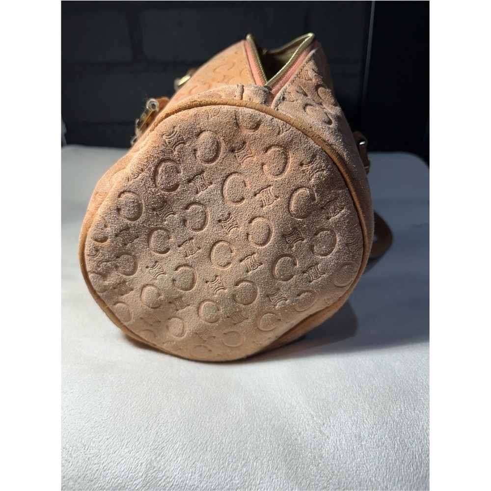 Celine Vintage C Macadam Monogram Suede Barrel Bag Peach Tan Leather Trim - Picture 3 of 6